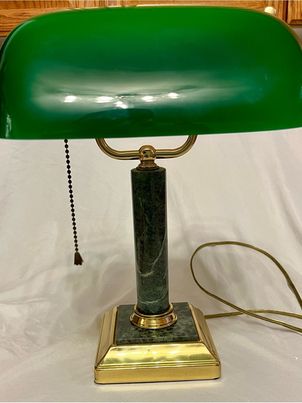 Green Glass Banker Lamp with Brass Base
